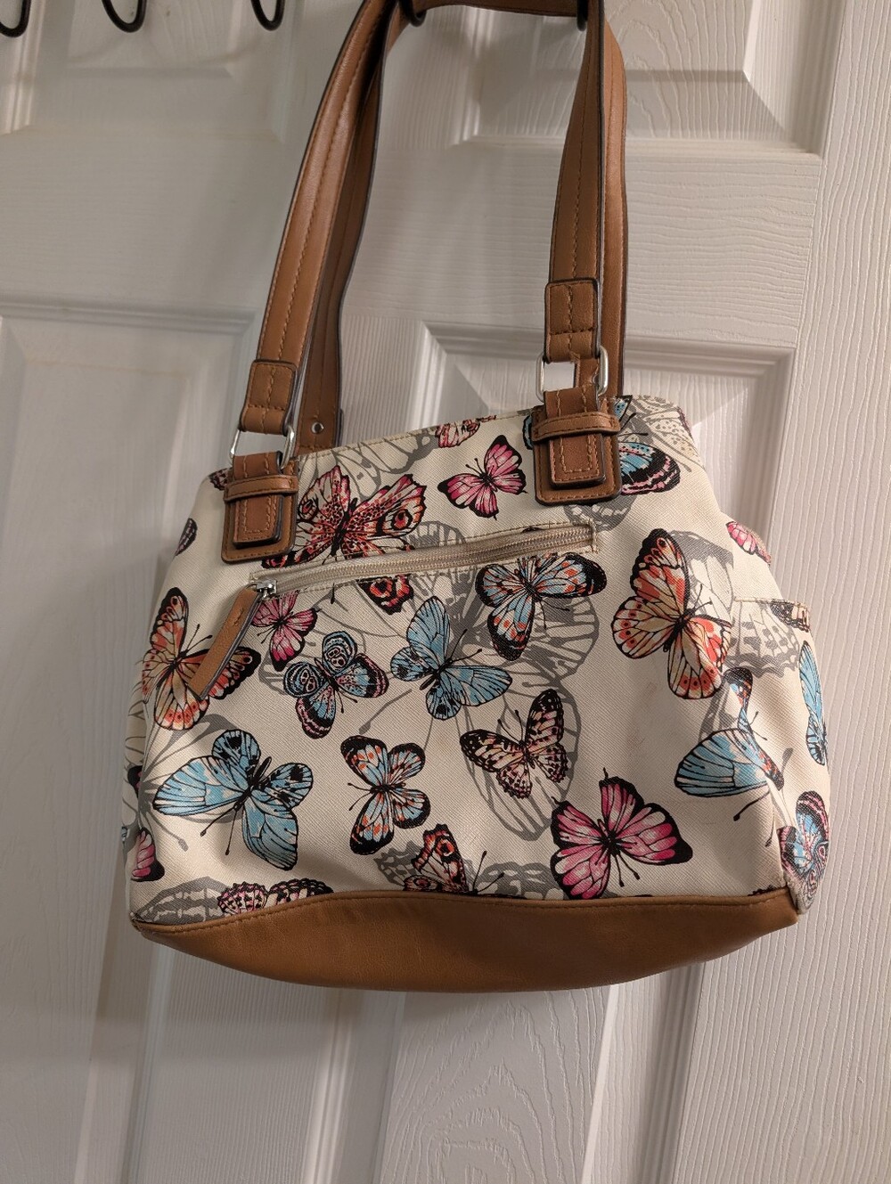 Butterfly Print Canvas Tote Bag with Tan Accents Rosetti